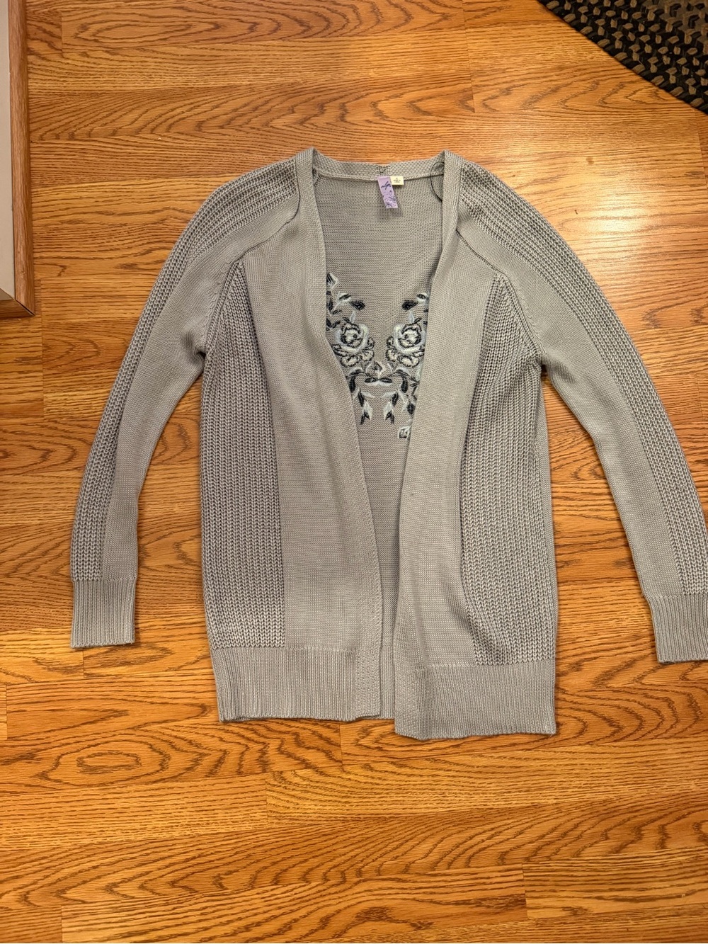 Alya Light Gray Open Knit Cardigan with Floral Embroidery